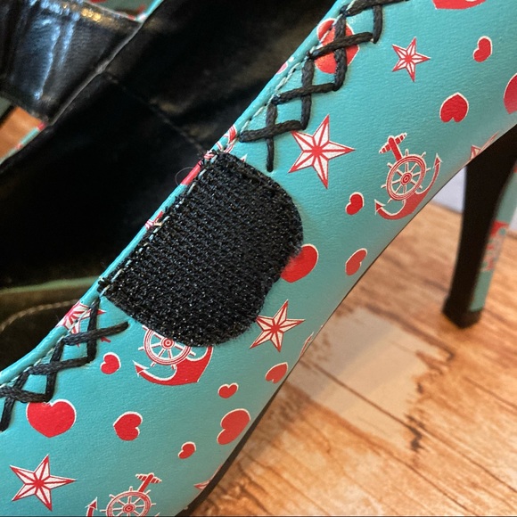 Tuk Rockabilly Heart Anchor Star Mary Jane Heels Blue Nautical Pin Up Pumps Red - Picture 7 of 10